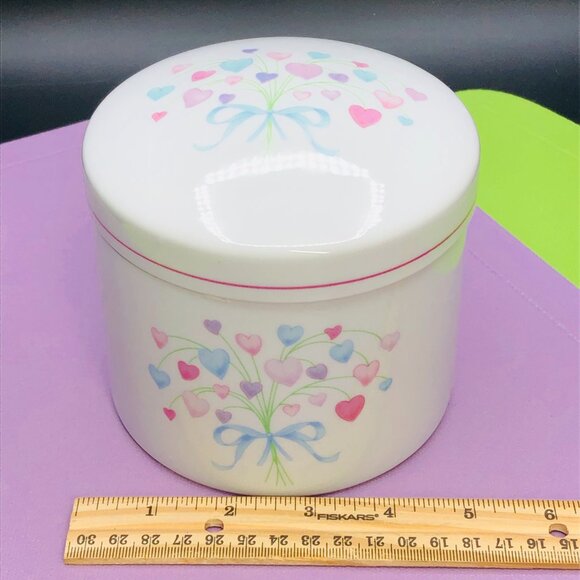 80s FTDA Pastel Heart Blue Ribbon Bouquet Porcelain Canister Vintage Candy Jar - Picture 9 of 10
